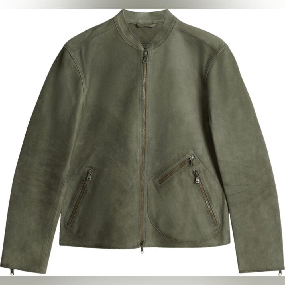 John Varvatos Corbin Leather Jacket EU56 FIT TO L Dark Moss Check The Measure
